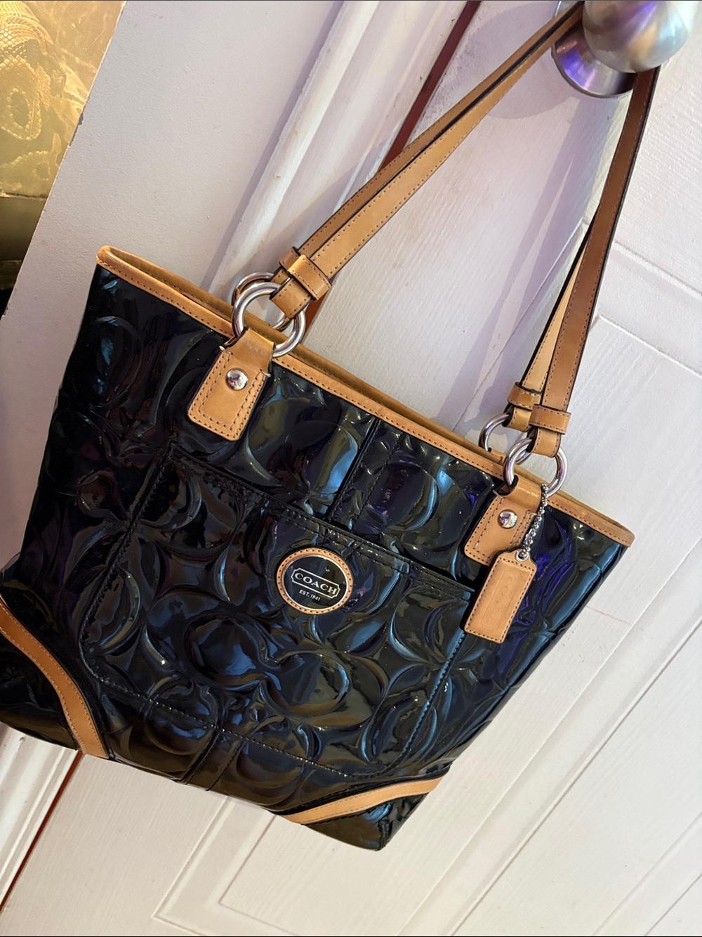 Coach Patent Leather Tote in Black with Tan Trim